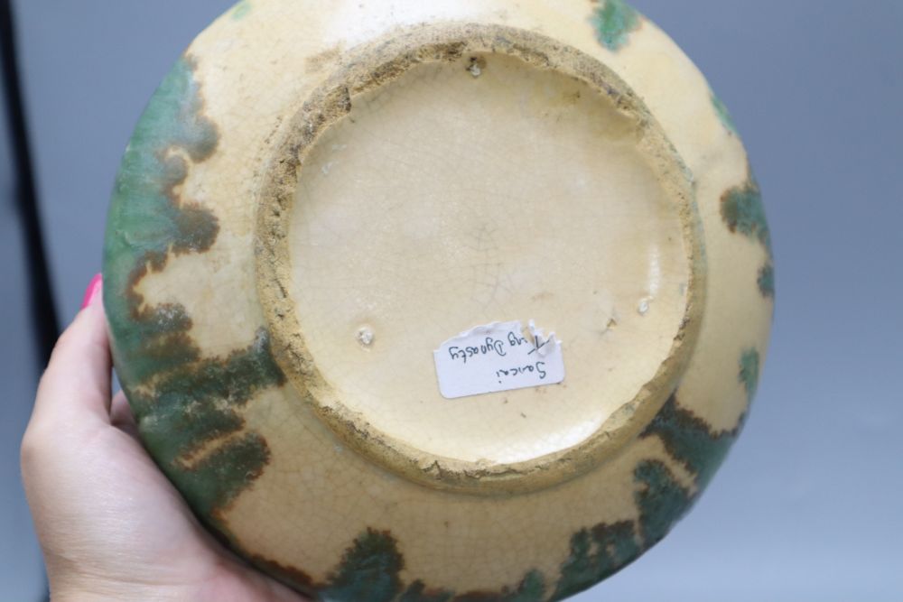 A Chinese green and straw-coloured crackle glaze brushwasher, Qing dynasty hongmu stand, height 13cm overall